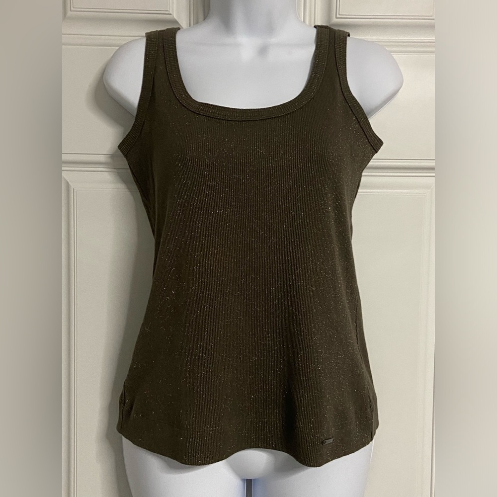 5- MOGA Grayish-Green Ribbed Knit Metallic Gold Thread Tank Top